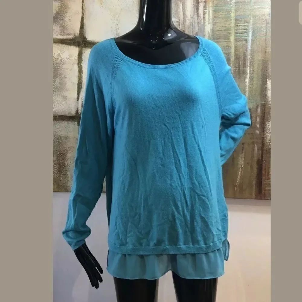DKNYC Blue Scoop Neck Faux Layered Sweater Top Size Large